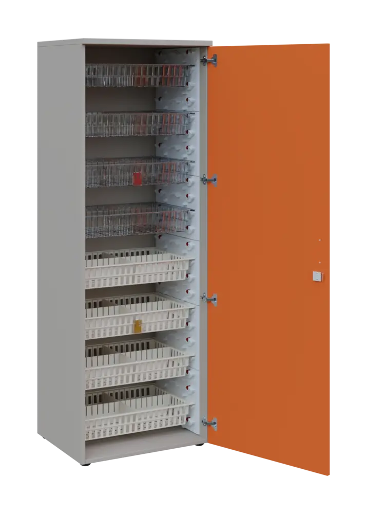 EUROMEDICA D - 66/M skříň léková boxová, 1-dveřová, pravá, 1950x660x535, korpus šedý, dvířka mandarinka